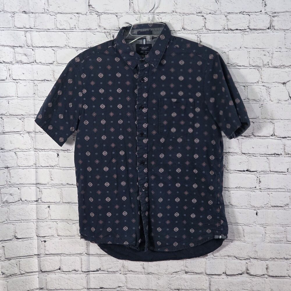 Level Ten Mens Small Blue Geometric Short Sleeve Button Up Shirt